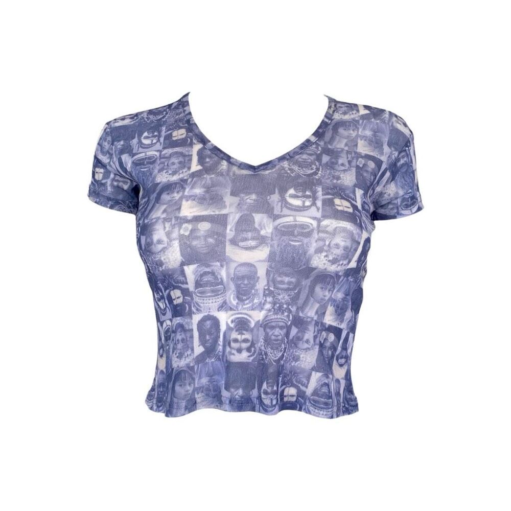 y2k vintage face-print mesh top